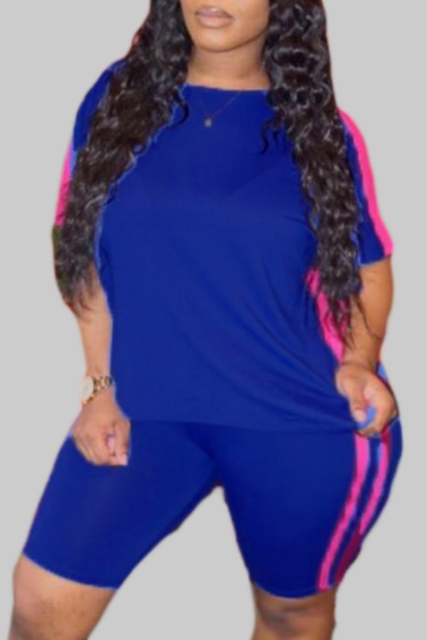 

Lovely Plus Size Sportswear Patchwork Blue Two-piece Shorts Set