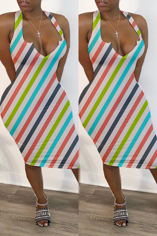 

lovely Leisure Striped White Knee Length Dress