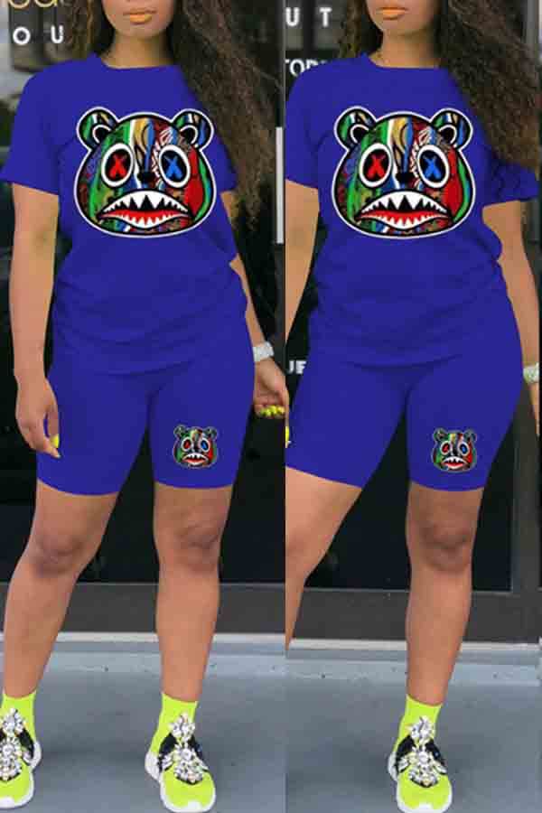 

Lovely Casual O Neck Print Blue Two-piece Shorts Set