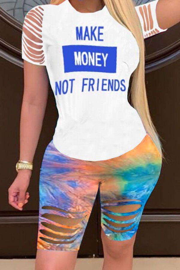 

lovely Casual Letter Print Blue Two-piece Shorts Set