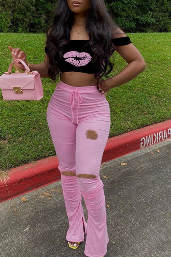 

Lovely Casual Print Hollow-out Pink Two-piece Pants Set