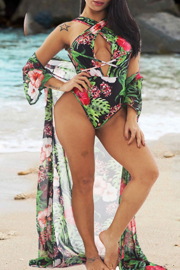 

lovely Plants Print Green One-piece Swimsuit(With Cover-up