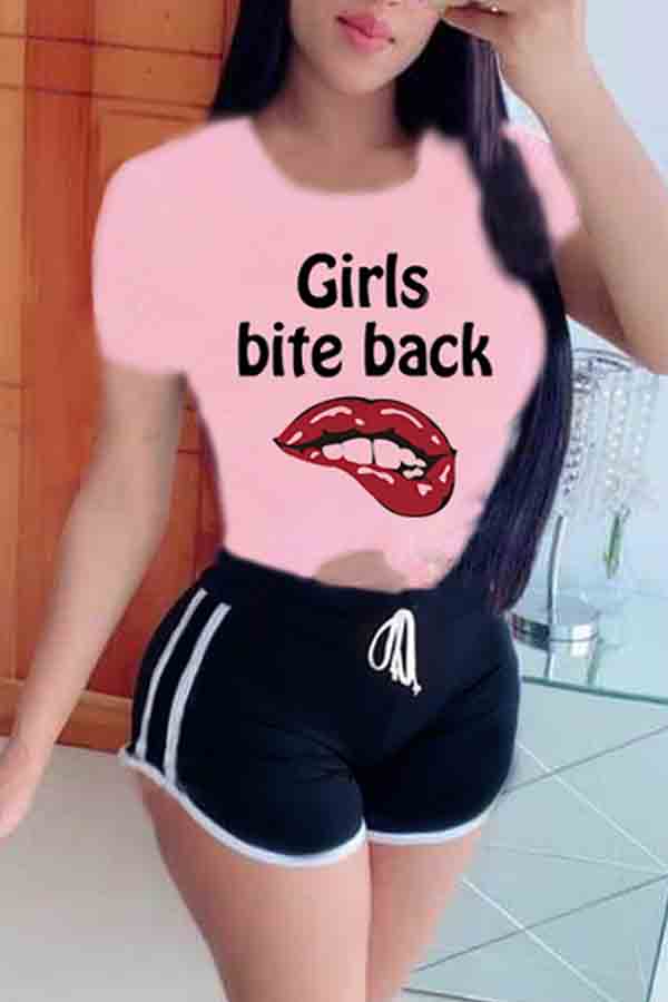 

lovely Leisure O Neck Print Pink Two-piece Shorts Set