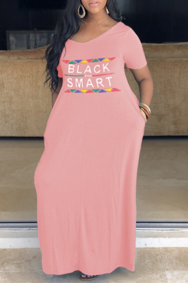 

lovely Casual O Neck Letter Print Pink Ankle Length Plus Size Dress