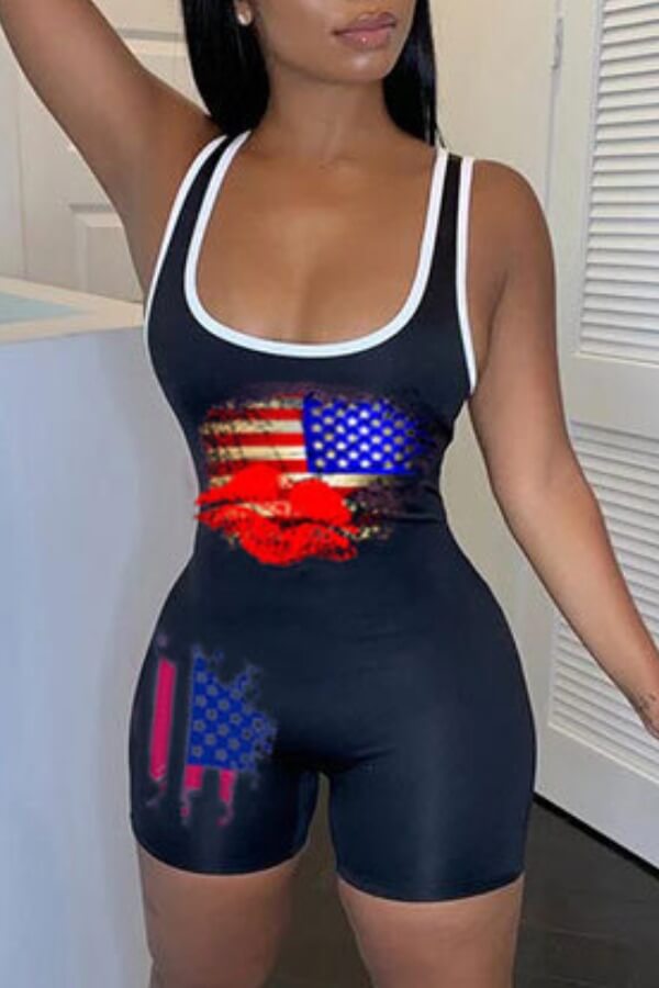 

Lovely Sportswear Print Black One-piece Romper