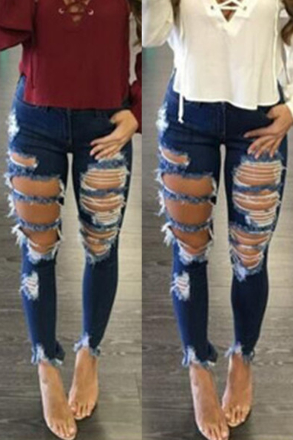 

lovely Casual Hollow-out Deep Blue Plus Size Jeans