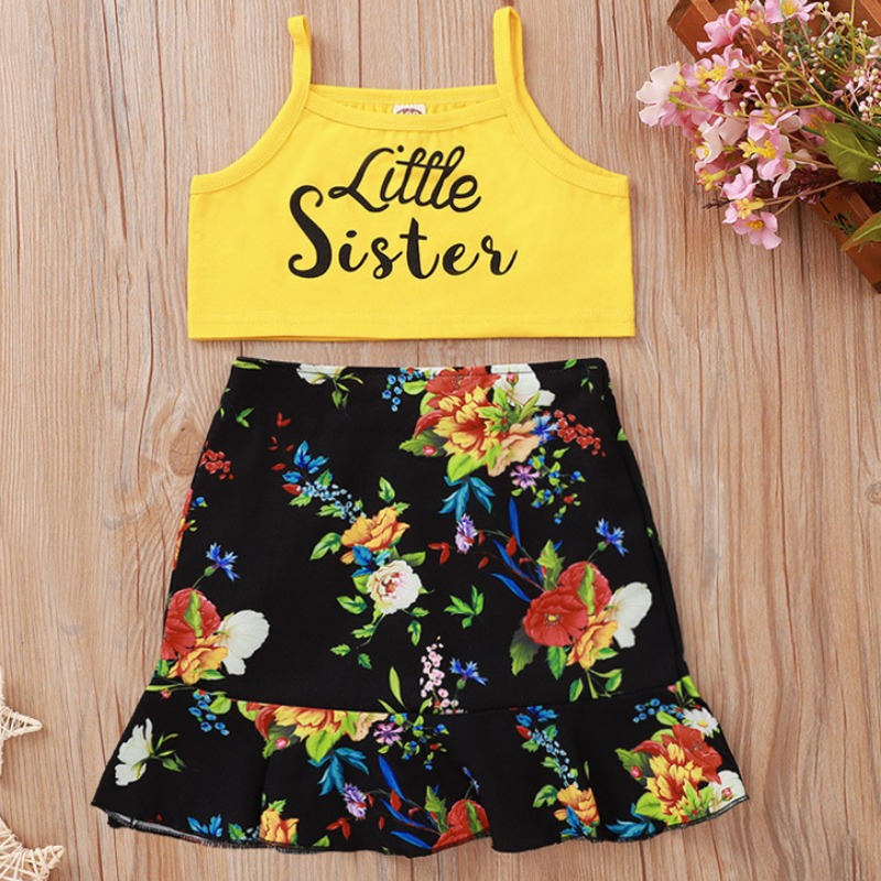 

lovely Casual Letter Print Yellow Girl Two-piece Skirt Set