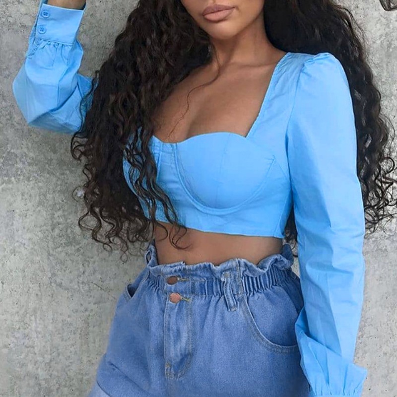 

lovely Stylish Square Collar Blue Blouse