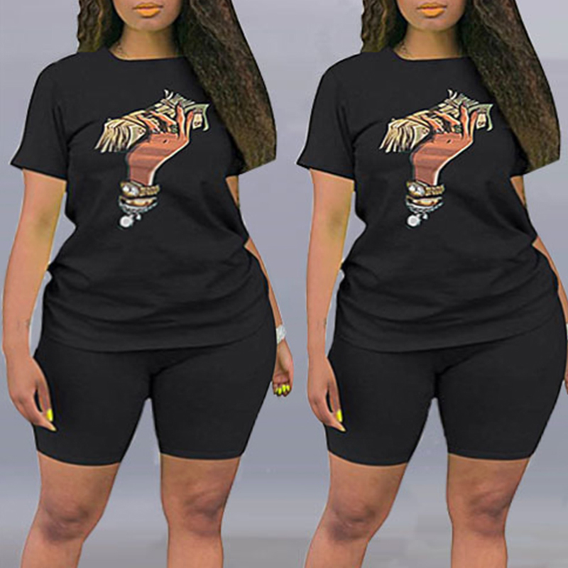 

Lovely Casual O Neck Print Black Plus Size Two-piece Shorts Set