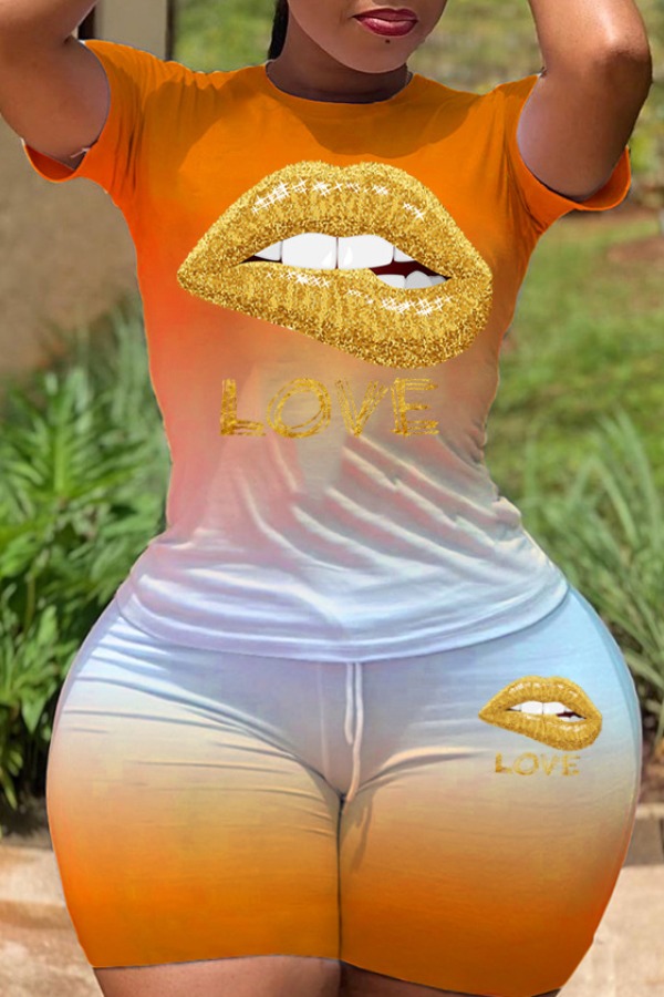 

Lovely Casual O Neck Lip Print Orange Plus Size Two-piece Shorts Set