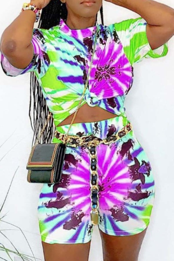 

Lovely Leisure O Neck Tie-dye Purple Two-piece Pants Set