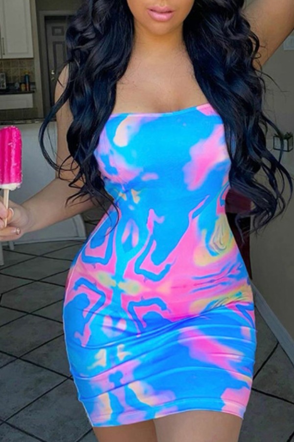 

lovely Trendy Dew Shoulder Tie-dye Skyblue Mini Dress