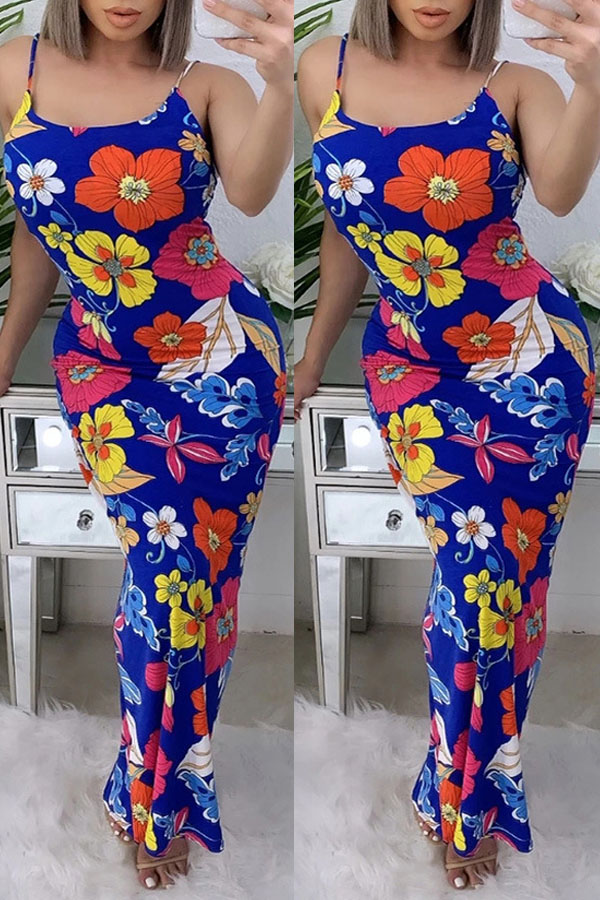 

lovely Bohemian Plants Print Blue Maxi Dress