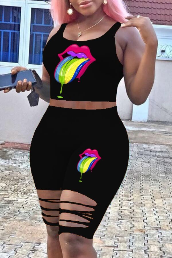 

Lovely Casual Lip Print Black Two-piece Shorts Set