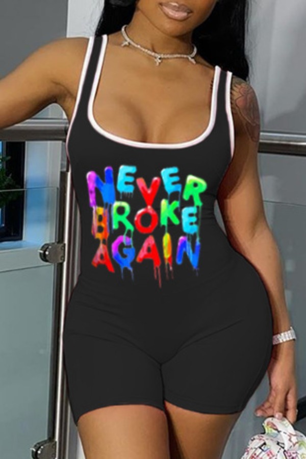 

lovely Leisure Letter Print Black One-piece Romper