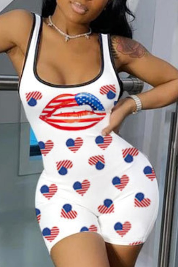 

lovely Sexy Lip Print White Plus Size One-piece Romper