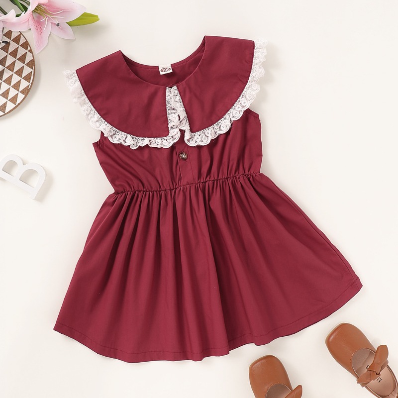 

lovely Sweet Lace Hem Wine Red Girl Knee Length Dress