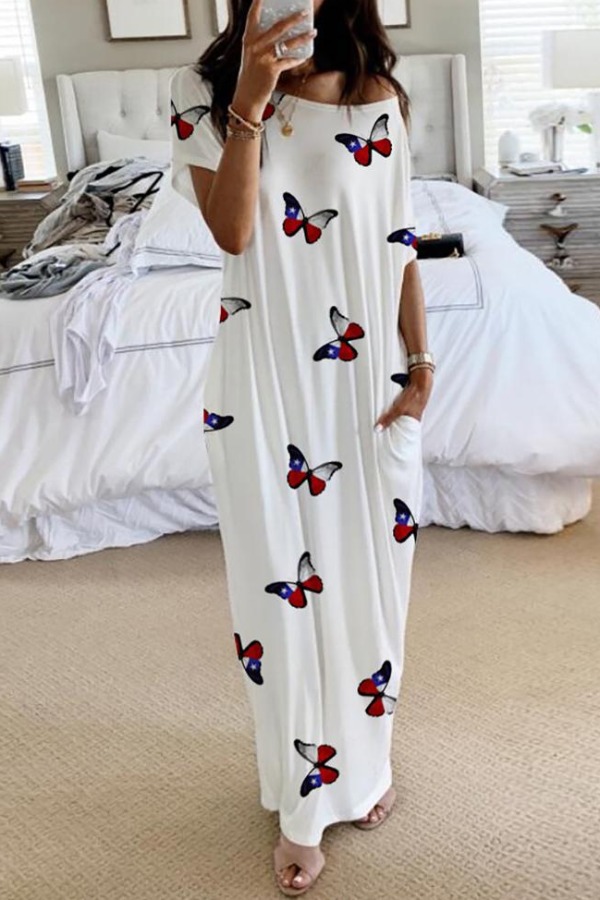 

lovely Casual Butterfly Print White Ankle Length Dress