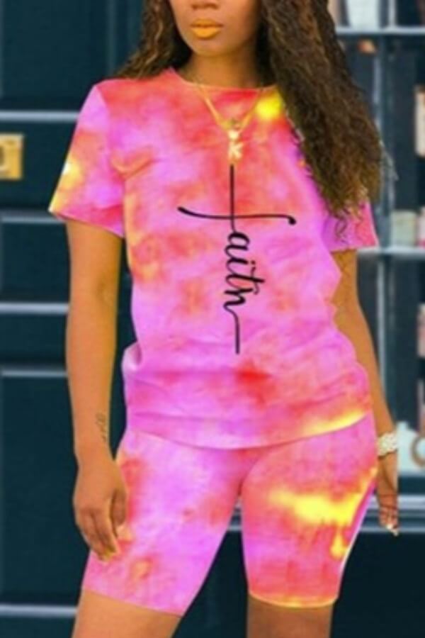 

Lovely Casual O Neck Tie-dye Pink Two-piece Shorts Set