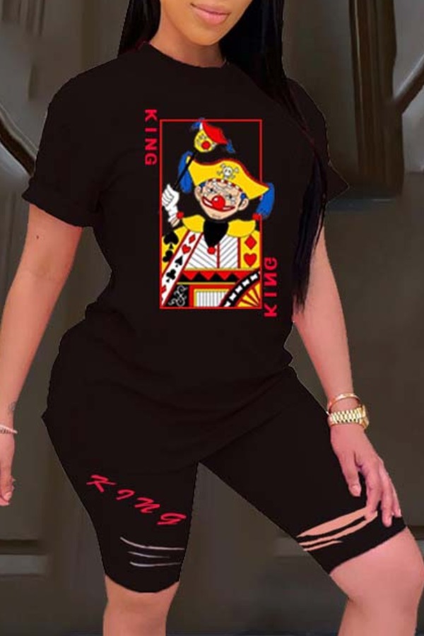 

Lovely Leisure O Neck Print Black Two-piece Shorts Set