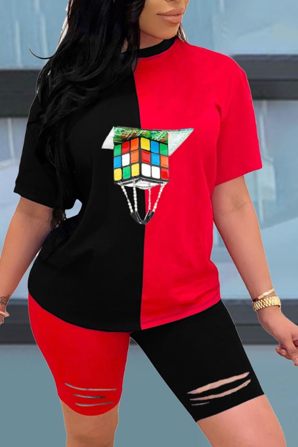 

lovely Sportswear Patchwork Black Two-piece Shorts Set