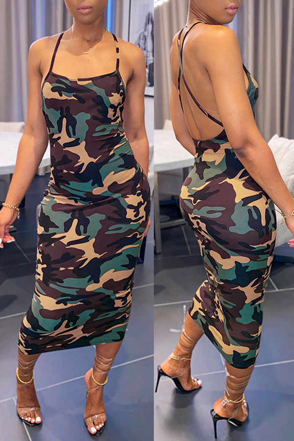 

lovely Stylish Camo Print Mid Calf Dress