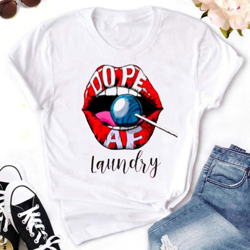 

lovely Leisure O Neck Lip Print White T-shirt