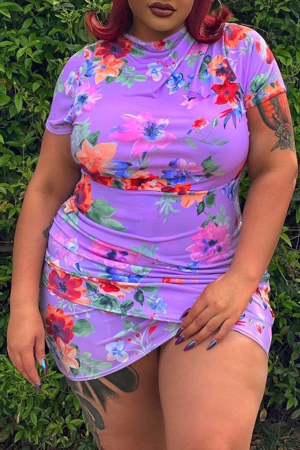 

Lovely Sweet Floral Print Purple Mini Plus Size Dress