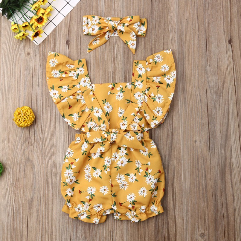 

lovely Trendy Floral Print Yellow Girl One-piece Romper