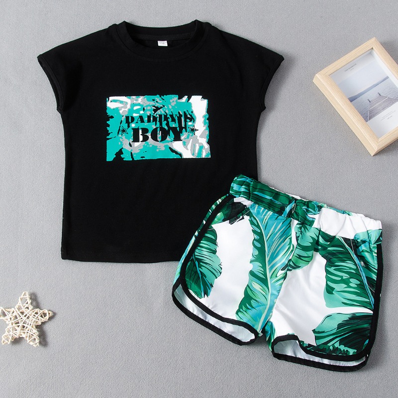 

lovely Leisure Print Black Boy Two-piece Shorts Set