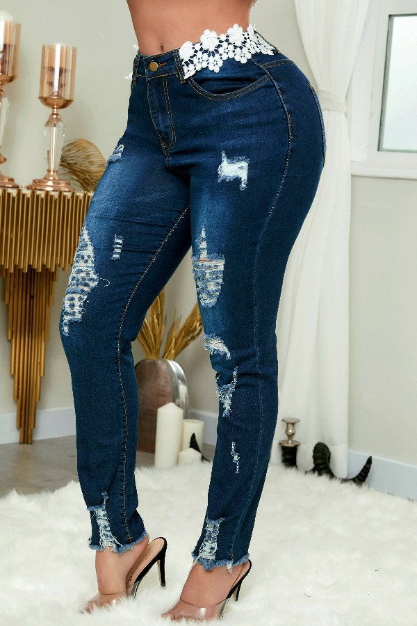 

lovely Stylish Broken Holes Deep Blue Jeans