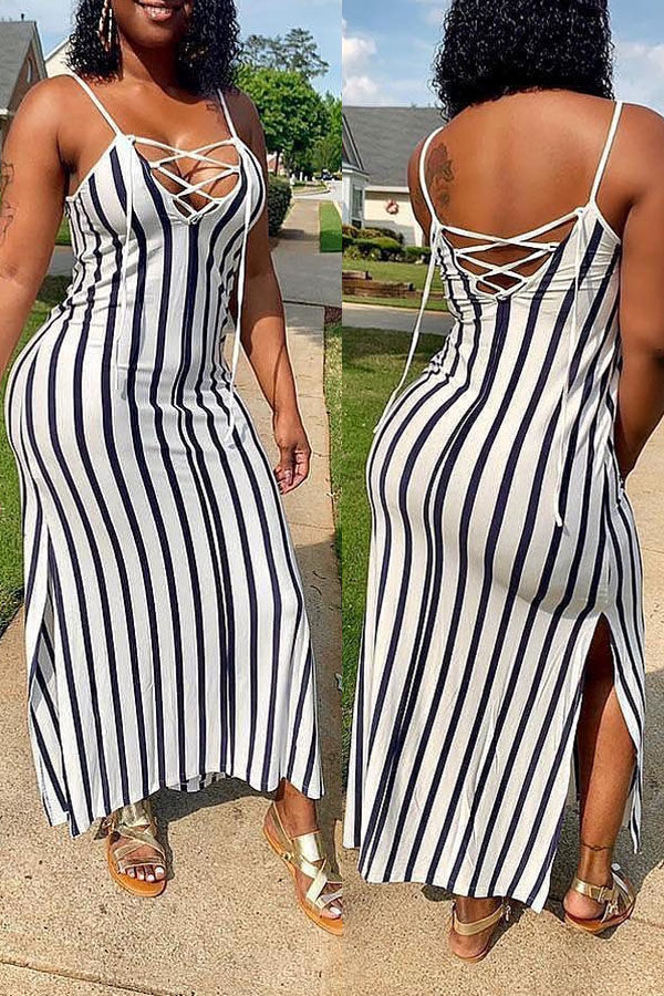 

Lovely Sexy Striped Black Ankle Length Dress