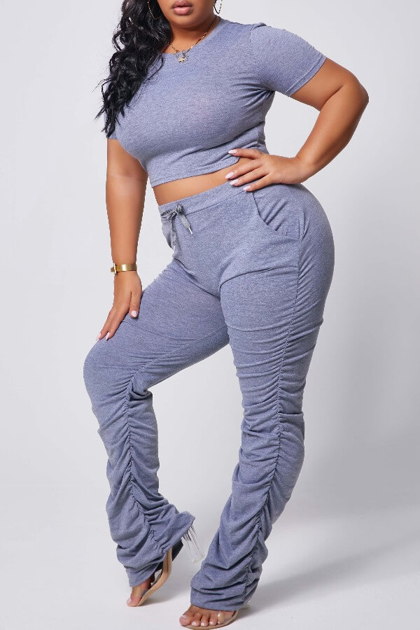 

Lovely Casual Fold Design Dark Grey Plus Size Two-piece Pants Set