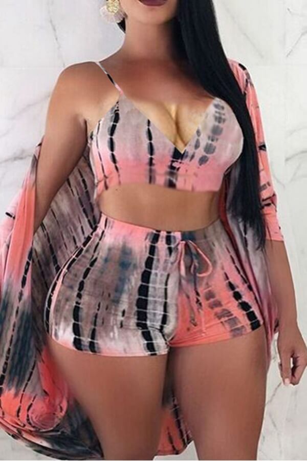

Lovely Plus Size Tie-dye Pink Three-piece Swimsuit