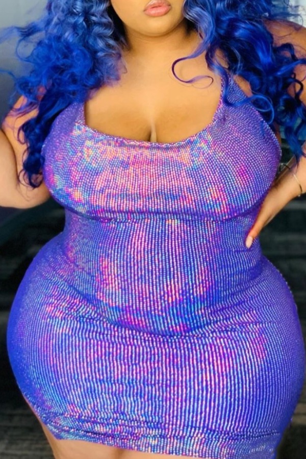 

Lovely Casual Spaghetti Strap Sequined Purple Mini Plus Size Dress