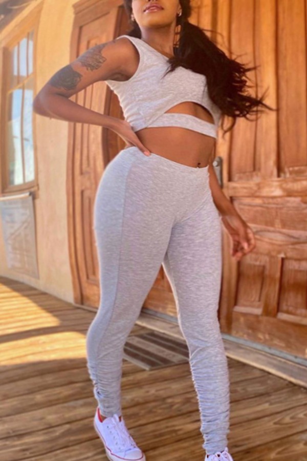 

Lovely Sportswear Hollow-out Grey Two-piece Pants Set