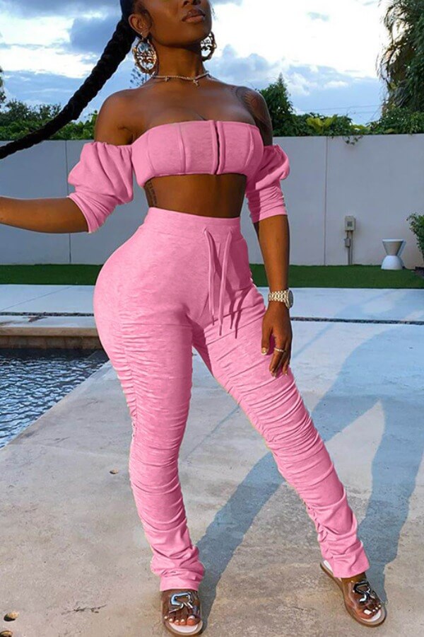

Lovely Trendy Dew Shoulder Fold Design Pink Two-piece Pants Set
