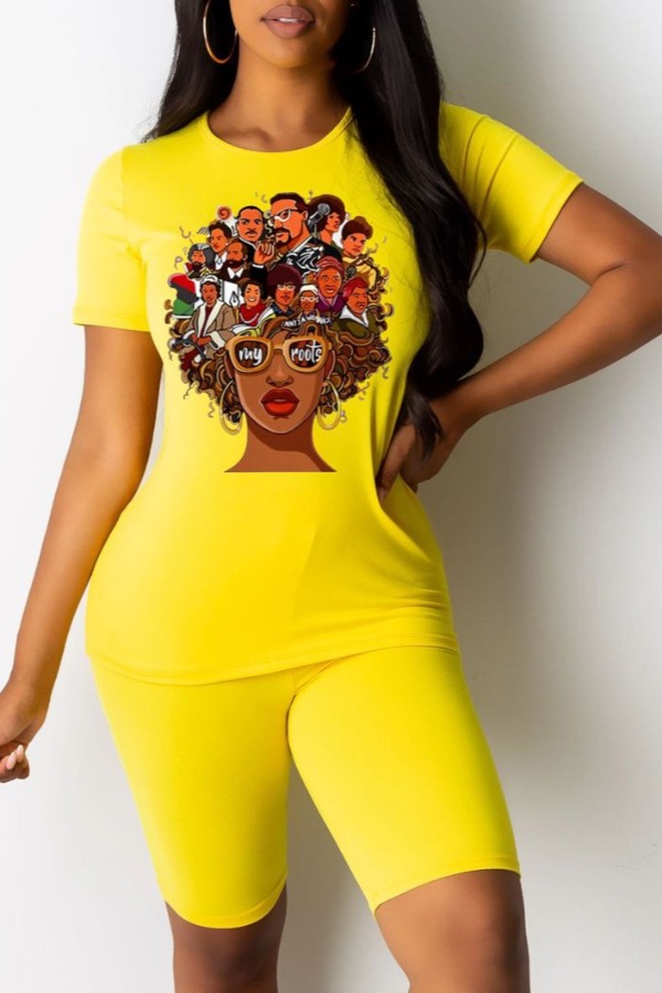 

lovely Leisure O Neck Print Yellow Two-piece Shorts Set