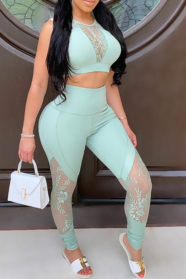 

LW SXY Trendy Patchwork Green Two-piece Pants Set