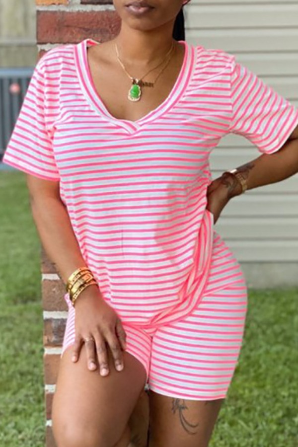 lovely Casual Striped Pink Two-piece Shorts Set