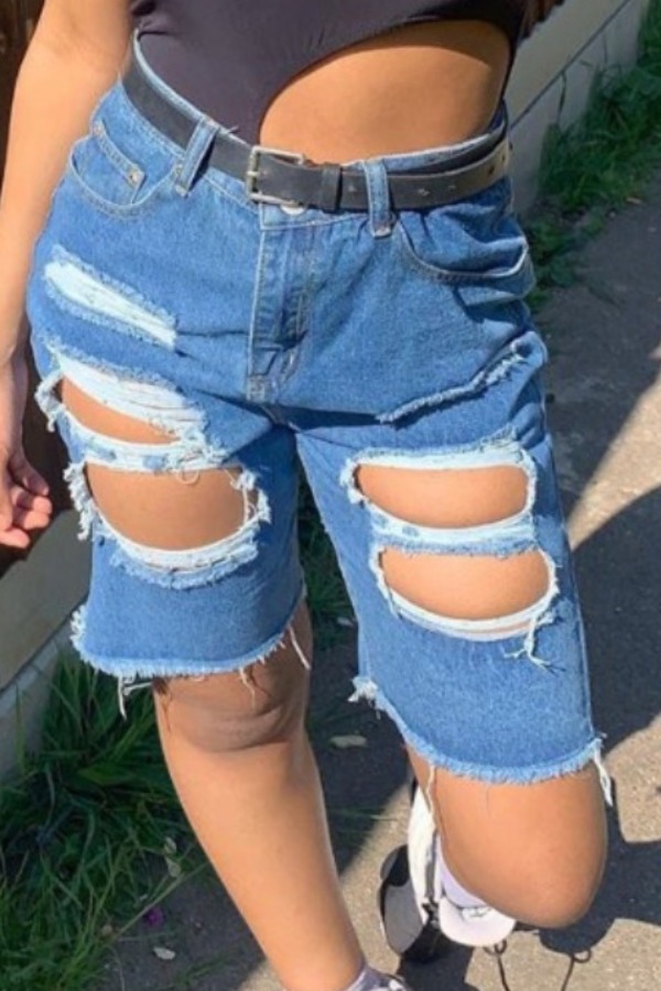 

lovely Stylish Hollow-out Deep Blue Denim Shorts