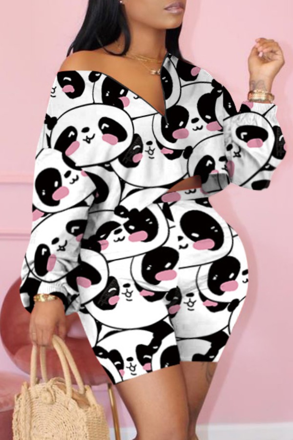 

Lovely Casual V Neck Print White Plus Size Two-piece Shorts Set