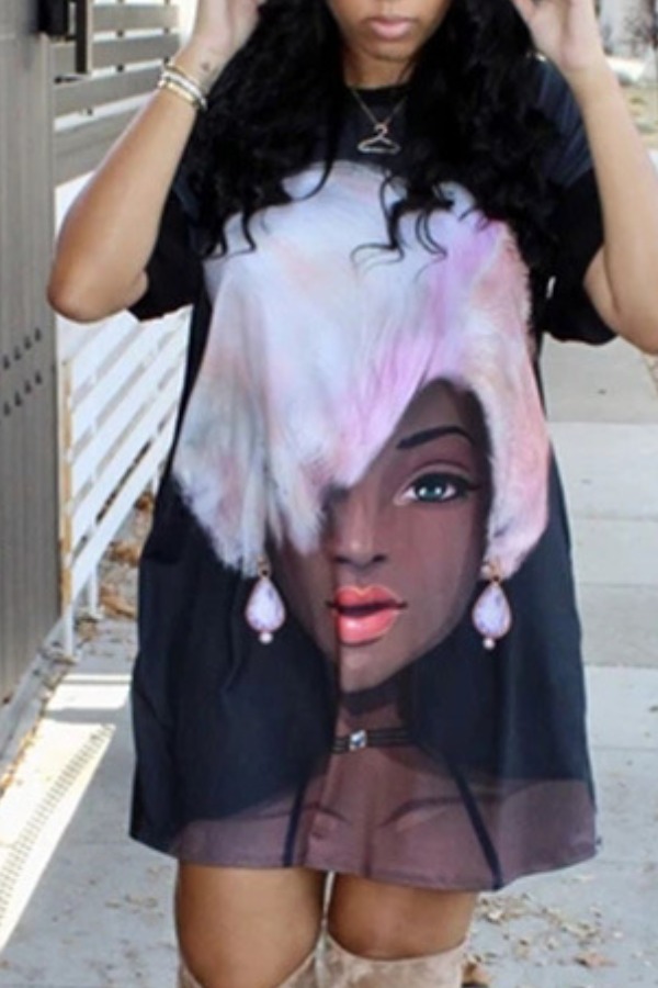 

lovely Casual O Neck Print Black Mini Dress