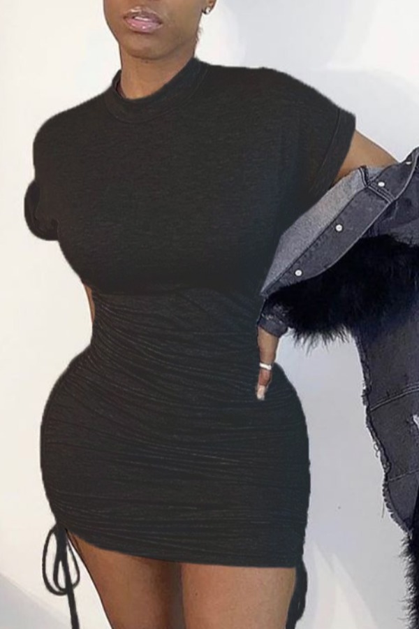 

lovely Casual O Neck Fold Design Black Mini Dress