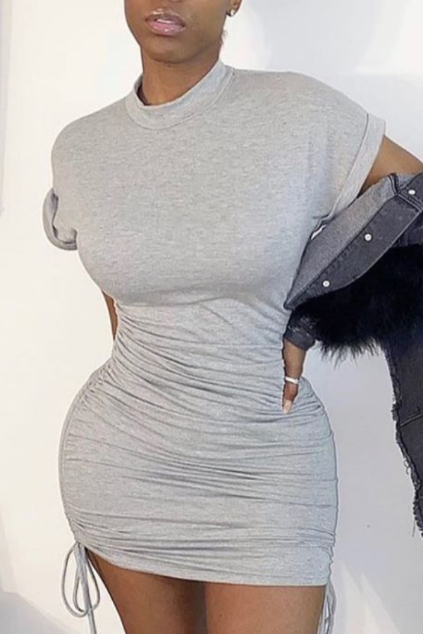 

lovely Casual O Neck Fold Design Grey Mini Dress