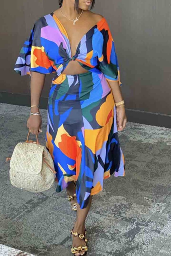 

lovely Stylish V Neck Print Yellow Two-piece Skirt Set