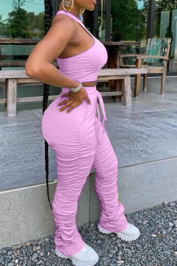 LW Stylish Fold Design Pink Two-piece Pants Set