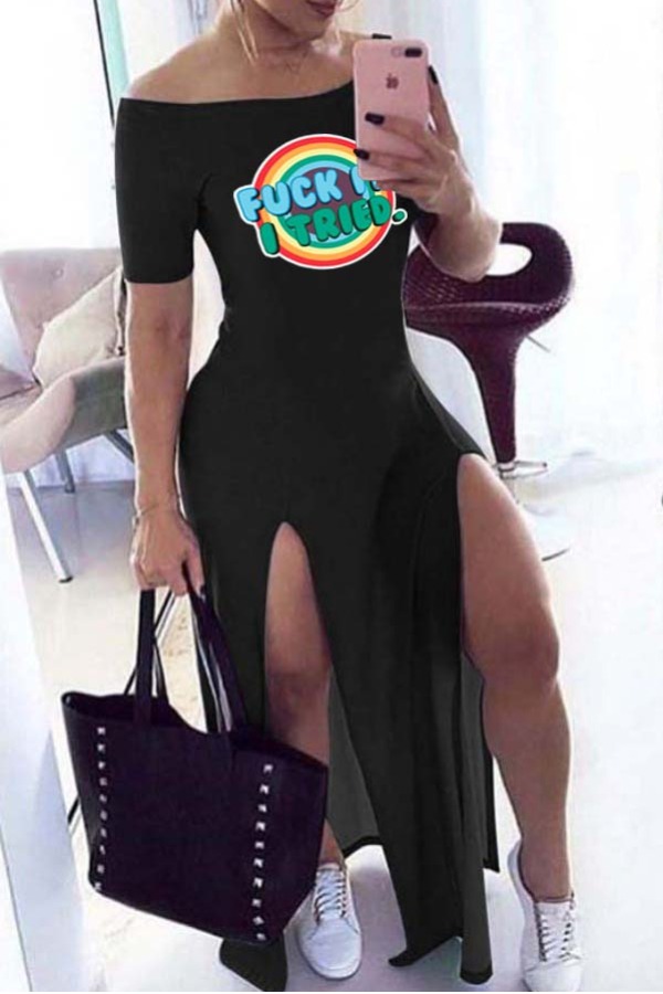 

lovely Casual Print Side High Slit Black Ankle Length Dress