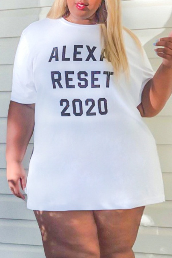 

Lovely Casual O Neck Letter Print White Mini Plus Size Dress