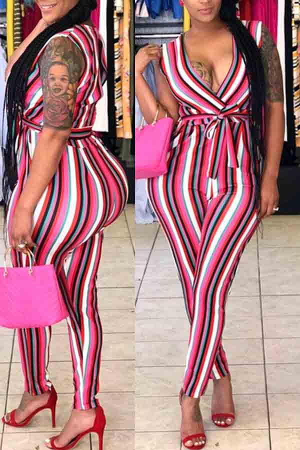 

lovely Stylish Deep V Neck Striped Pink One-piece Jumpsuit